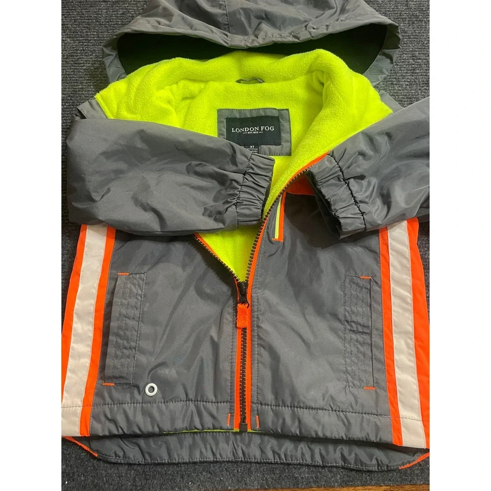 London Fog Boys Grey Orange Colorblock Fleece Lined Hooded Jacket 3T